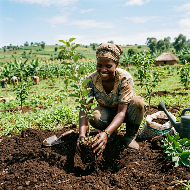 Farmers actively planting apple seedlings in well-prepared soil